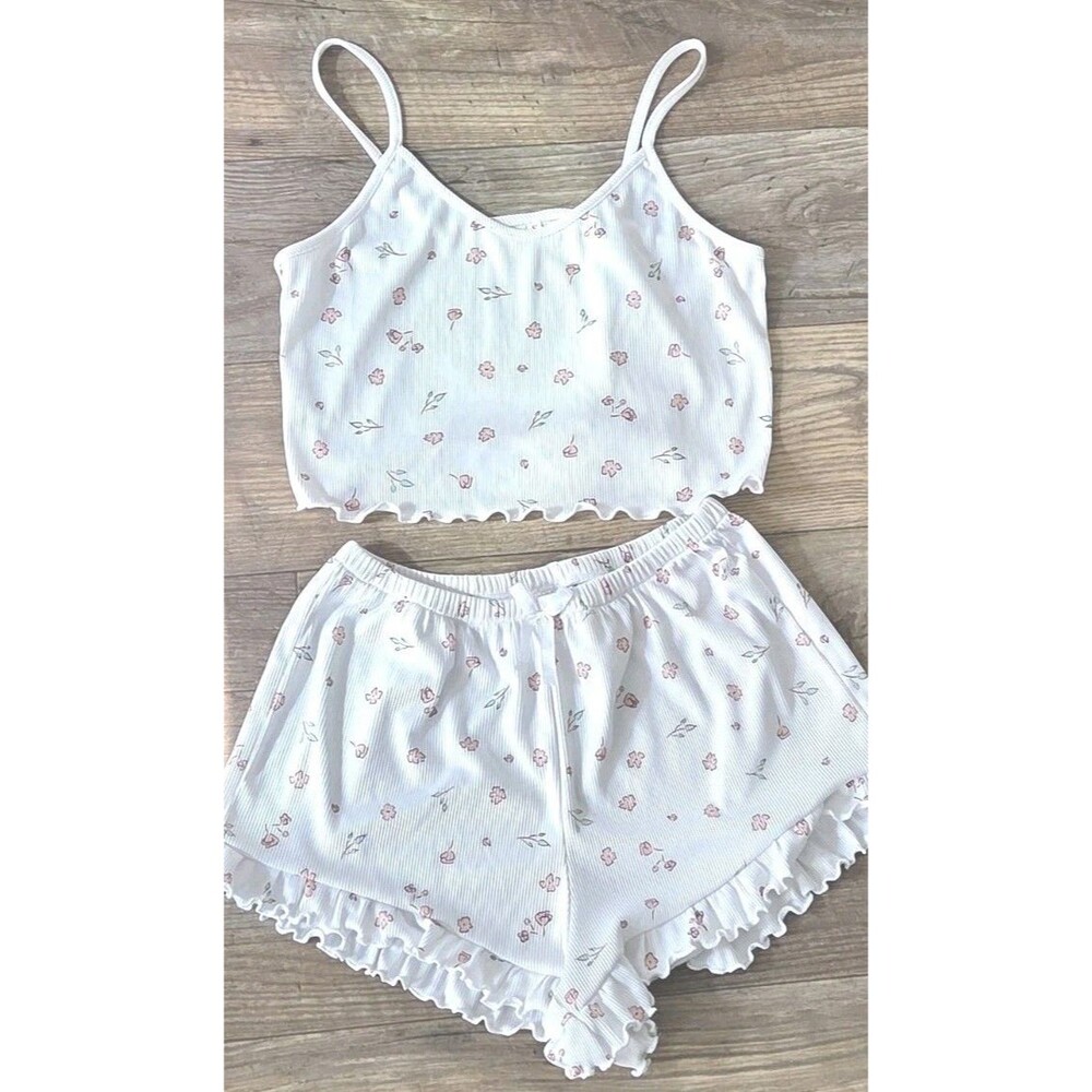 Two-piece floral sleepwear set, ribbed knit, Size Small